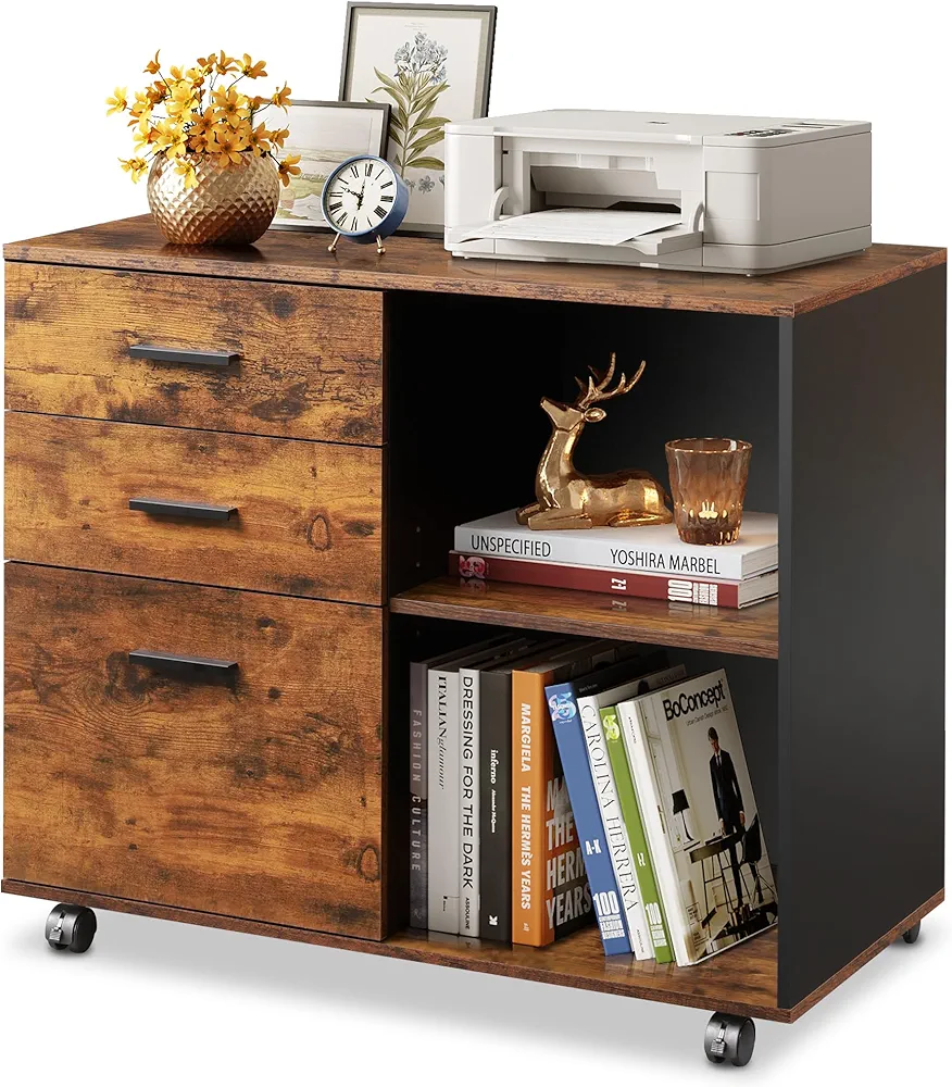 DEVAISE 3-Drawer Mobile File Cabinet, Lateral Filing Cabinet, Rustic Brown