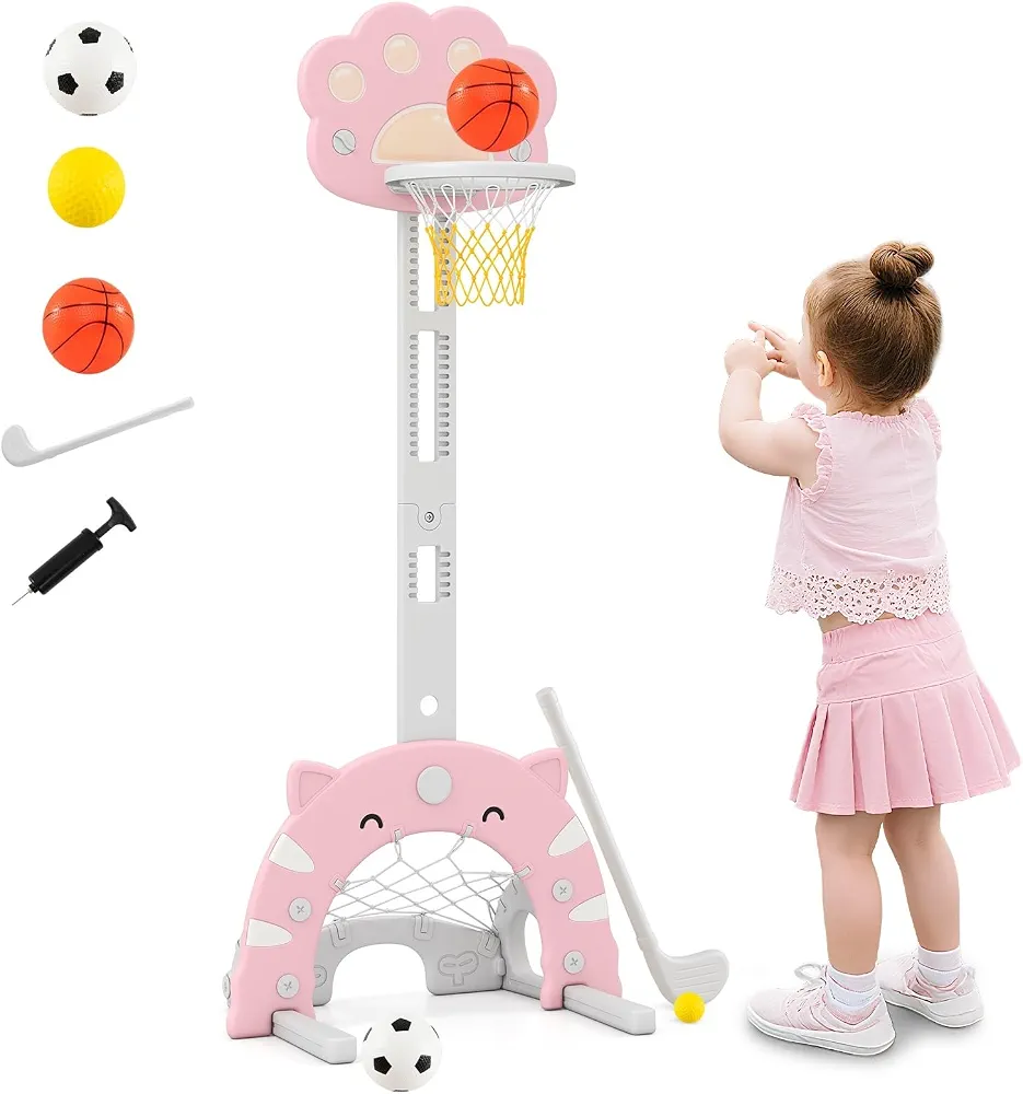 OLAKIDS Toddler Basketball Hoop, 3 in 1 Height Adjustable Kids Sports Activity Center Indoor Outdoor with Soccer Goal Golf Ball and Club